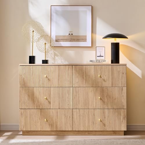 Fluted 6 Drawers Dresser for Bedroom, 47"W Modern Dressers & Chest of Drawers with Metal Handle, Wood Closet Clothes Storage Organizer,Storage Dressers Organizer for Hally/Living Room, Natural - Image 5