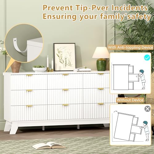 Wodeer 9 Drawer Fluted Dresser for Bedroom, Mid Century Modern Dresser with 9 Drawers, Dressers & Chests of Drawers with Metal Handle, TV Stand & Storage Organizer for Entryway, Hallway, White - Image 6