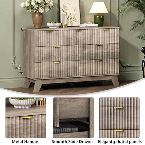 Wodeer 7 Drawer Fluted Dresser for Bedroom, Mid Century Modern Wooden Dresser with 7 Drawers, Dressers & Chests of Drawers with Metal Handle, TV Stand & Storage Organizer for Entryway, Hallway, Grey - Image 5