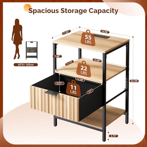 VINGLI Nightstands Set of 2 with Fabric Drawer, Fluted Nightstand with Charging Station, Oak Night Stand Set 2 Bed Side Tables, End Tales Bedroom with Charger Station, 14.96"W*11.81"D*23.7"H, 2 pcs - Image 2