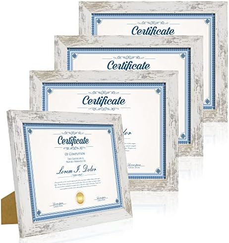 Hongkee 8.5 x 11 Picture Frame Set of 4, Made of Real Glass and Distressed White Certificate & Diploma Frame, 8.5 by 11 Photo for Wall or Tabletop - Display Picture 6x8 with Mat or 8.5x11 Without Mat by Hongkee