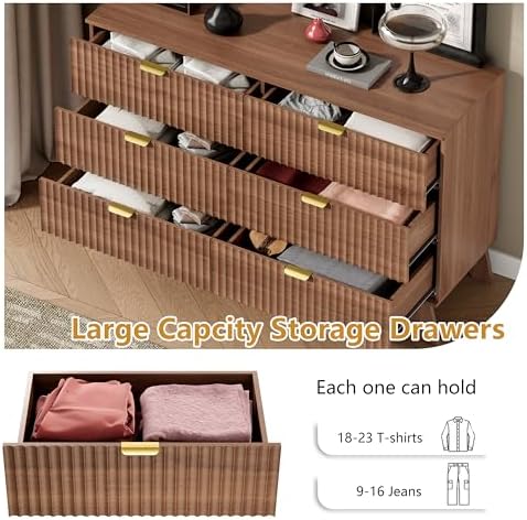 Wodeer 6 Drawer Fluted Dresser for Bedroom, Mid Century Modern Wooden Dresser with 6 Drawers, Dressers & Chests of Drawers with Metal Handle, TV Stand & Storage Organizer for Entryway, Hallway, Walnut - Image 4