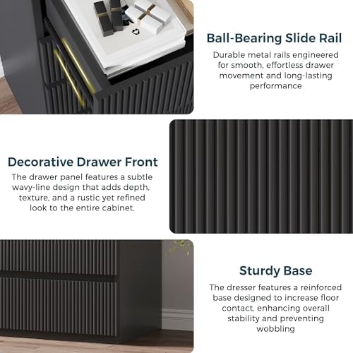 Jocoevol 5 Drawer Dresser, 43" Tall Dresser Chest of Drawers Fluted Design, Wood Mid Century Vertical Dresser Natural Texture for Bedroom, Black Dresser - Image 6