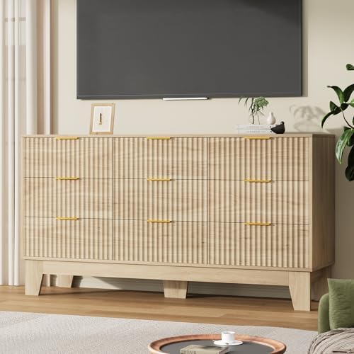 GarveeHome 59" Wide Fluted 9 Drawers Dresser, Oak - Image 7