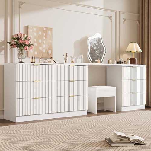 MAISONARIA L-Shaped Rotatable 9 Drawer Dresser for Bedroom, 71" Wide Deformable White Dresser with Gold Metal Handles, Modern Fluted Chest of Drawers for Bedroom, Living Room, Entryway, Hallway - Image 6