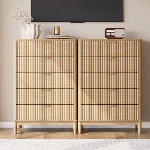 LINSY HOME Fluted 5 Drawers Dresser, 46" Tall Modern Chest of Drawers, Curved Profile Design, Mid Century Wood Dresser with Metal Handle for Bedroom, Living Room, Hallway, Entryway, Oak - Image 2