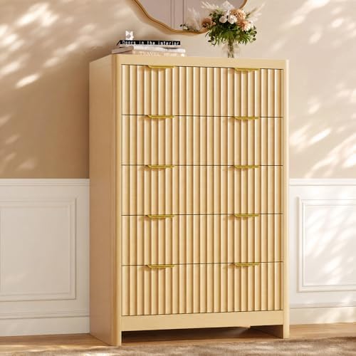 Natural Oak Dresser with 5 Deep Drawers, 47" Tall Fluted Chest of Drawers, Round Edge, Modern Vertical Dresser, Wooden Storage Organizer Cabinet for Bedroom, Living Room, Entryway, Hallway by Varello