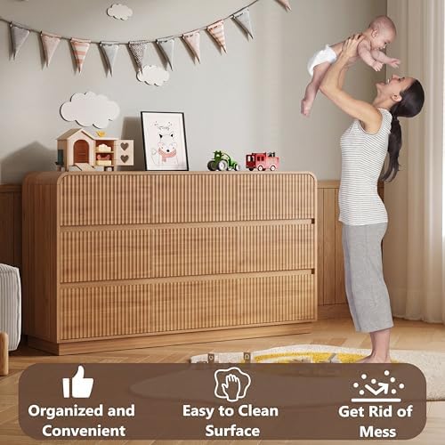 BORNOON Dresser for Bedroom with 9 Drawers, Fluted Chest of Drawers with Round Curved Corner, Hidden Handles, Modern Wood Storage Organizer for Bedroom, Nursery, Living Room - Image 5