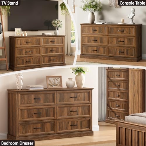 Farmhouse 6 Drawer Dresser for Bedroom, 55" Walnut Dresser with TV Stand - Image 3