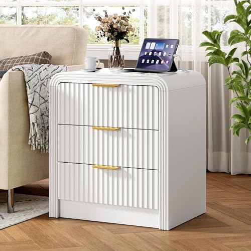Decofy Fluted 3-Drawer Nightstand with Charging Station, Pure White by Decofy