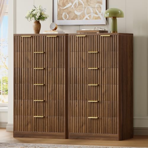 TEENOFN Fluted Dresser for Bedroom with 7 Drawers, 48" Tall Modern Chest of Drawers with Metal Handle, Wooden Dresser TV Stand, Wood Closet Clothes Storage Organizer for Living Room, Hallway, Walnut - Image 4