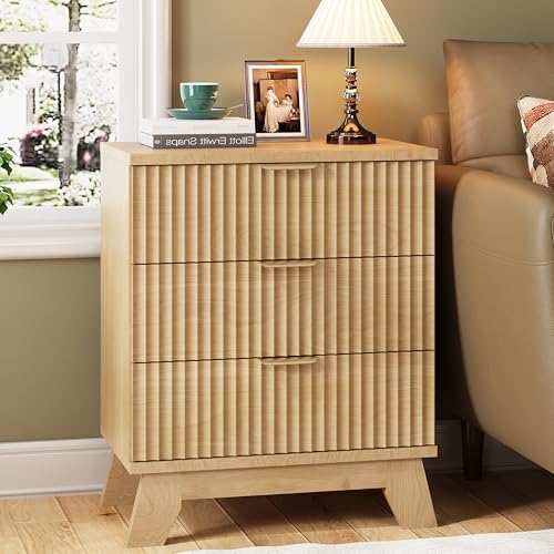 Xixini Fluted Nightstand with 3 Drawers, 24" Wide Side Table, Natural Oak - Image 3