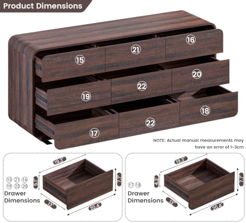 Standifurno 9 Drawer Dresser for Bedroom, Modern Curved Wood Chest of Drawers, 63" W Walnut Dresser Large Storage for Bedroom, Living Room, Hallway, Handleless Design Wooden Nursery Dresser - Image 3