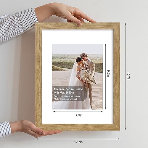 Hongkee 11x14 Picture Frame Set of 4, Made of Glass and Natural Oak Wooden Frame, Display 8x10 Pictures with Mat or 11 x 14 Posters without Mat for Wall Mounting, Gallery Photo Frames - Image 2