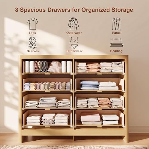 Fluted 8 Drawer Dresser for Bedroom, 47" Wide Modern Chest of Drawers with Metal Handle & Storage, Wooden Dresser TV Stand, Closet Clothes Storage Organizer for Living Room, Natural Oak Dresser - Image 3