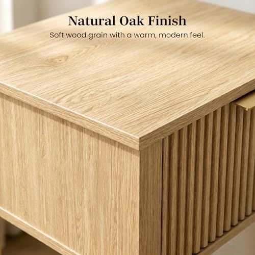 Natural Oak 15.4" Wide Small Nightstand with Drawer,Open Shelf,Fluted - Image 5