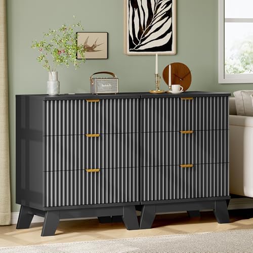 Xixini Fluted Nightstand with Charging Station, Tall Bedside Table, Black - Image 7
