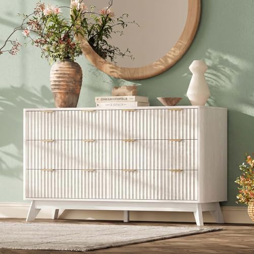 47" Wide Fluted 6 Drawers Dresser for Bedroom,Curved Edge,White by TROJMHome