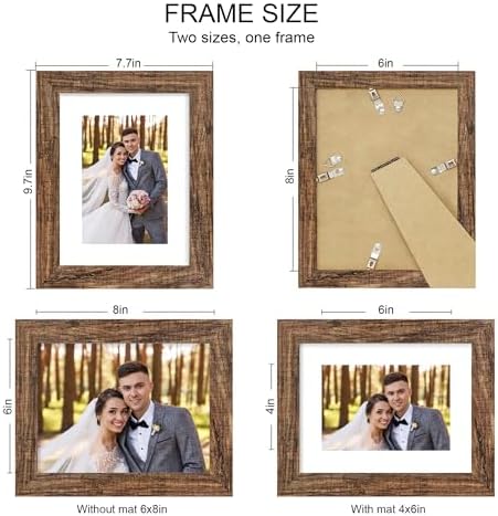 Hongkee 6x8 Picture Frame Set of 4, Made of Real Glass and Rustic Brown Frame - Display Picture 4x6 with Mat or 6x8 Without Mat, 6 by 8 Photo for Wall or Tabletop - Image 2