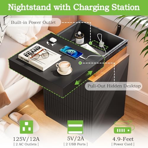 Fluted LED Night Stand with Charging Station, Black - Image 4
