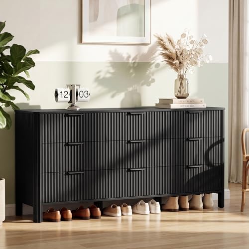 Wodeer 9 Drawer Black Dresser for Bedroom, 62" W Wood Storage Cabinet with Fluted Design, Modern Chest of Drawers & TV Stand for Living Room, Nursery Clothing Organizer with Metal Slides, Anti-Tipping by WODEER