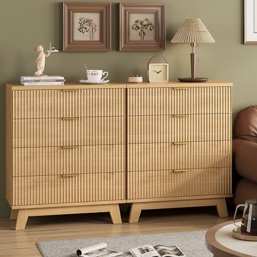 Xixini Fluted Nightstand with 4 Drawers, 31.5" Wide Side Table, Natural Oak - Image 7