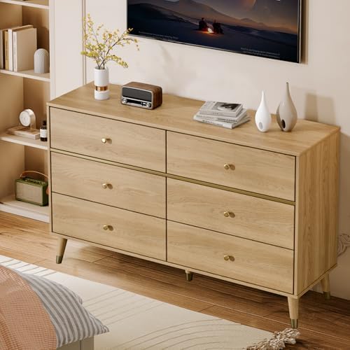 Chrangmay 6 Drawer Dresser,47.24" Wide Mid Century Chest of Drawers,Wooden Bedroom Drawer Dresser with 9 Storage Drawers for Bedroom,Living Room,with Anti-Tipping Device,Oak - Image 5