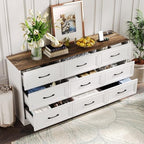 Fameill Dresser for Bedroom, 9 Drawer Wide Dresser Organizer with Charging Station, Tall Dresser for Hallway, Wood Dresser with Metal Handles, Farmhouse White by Fameill