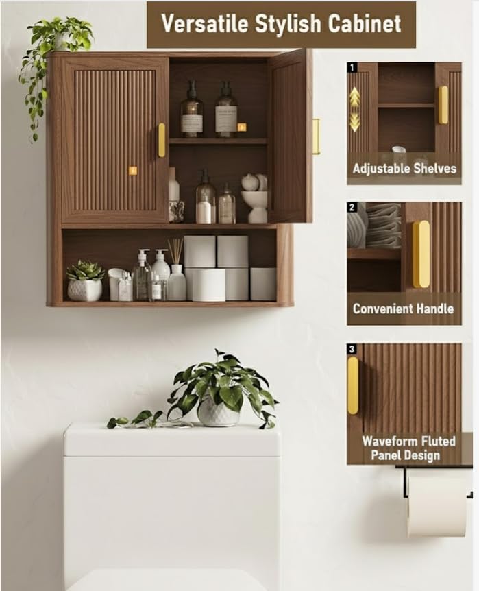 INNOD Bathroom Storage Cabinet, Medicine Cabinet with Adjustable Wood Shelf & Doors, Over The Toilet Storage Cabinet for Laundry Room & Kitchen & Living Room (Walnut) - Image 4