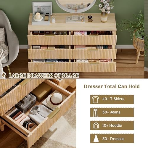 Wood Tall 6 Drawers Dresser, 53.2" W Fluted Modern Dressers for Bedroom - Image 4
