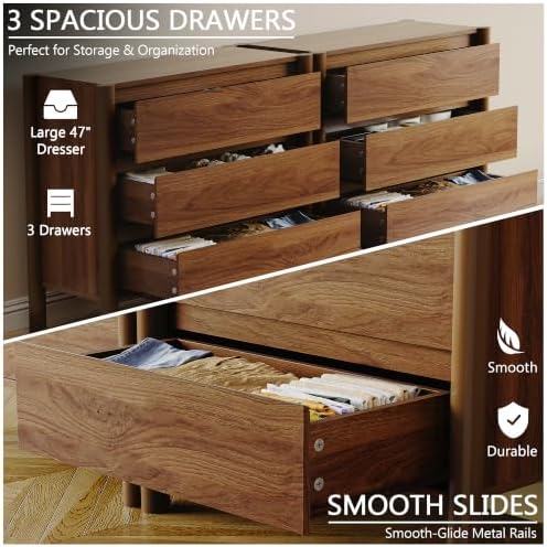 HOUROM Walnut 3 Drawer Dresser for Bedroom, Mid Century Modern Chest - Image 3