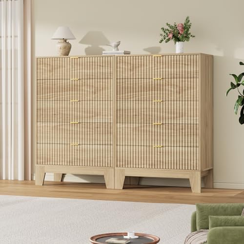 Garvee 5 Drawer Dresser for Bedroom, 47" Tall Fluted Chest of Drawers, Oak - Image 7