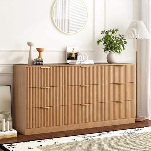 9 Drawer Fluted Dresser for Bedroom with Deep Drawers, Light Walnut丨63 Wide Wood Dresser, Large Chest of Drawers, Modern Long TV Stand, Storage Cabinet Side Table for Living Room, Hallway by Provideyouwithbestproduct%EF%BC%81