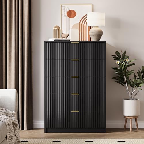 MAISONARIA 5 Drawer Dresser for Bedroom, Tall Dresser Chest of Drawers with Gold Handles, 32 Inch Wide Nightstand with for Bedroom, Living Rooms, Offices, and Entryways, Black - Image 7