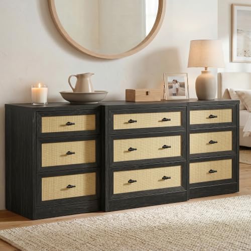 9 Drawers Dresser for Bedroom, 63" Wide Rattan Dressers w/Charging Station by STOSENSE