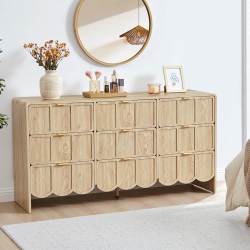 ORRD 9 Drawer Dresser for Bedroom, Modern Closet Chest of Drawers with Wave Fluted Drawer, Wood Storage Small Dresser Organizer for Nursery Bedroom Living Room Hallway Closet (Natural) - Image 3