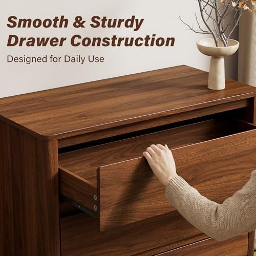 Walnut Dresser for Bedroom, 5 Drawer Dresser with Wood Legs, Tall Wood Dresser, Mid Century Modern Chest of Drawers, Large Storage Bedroom Furniture, Walnut - Image 4