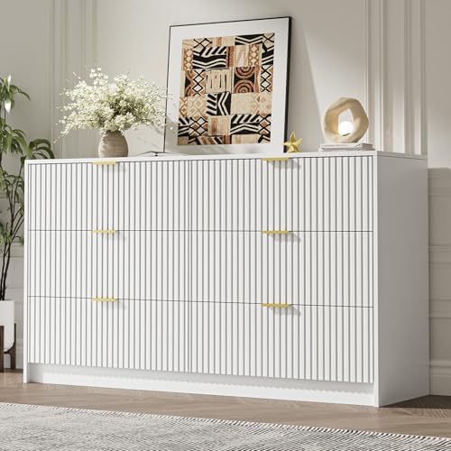 MAISONARIA White 6 Drawer Dresser for Bedroom, 55" Wide Modern Chest of Drawers with Gold Metal Handles, Fluted Wood TV Stand for Living Room, Hallway by MAISONARIA