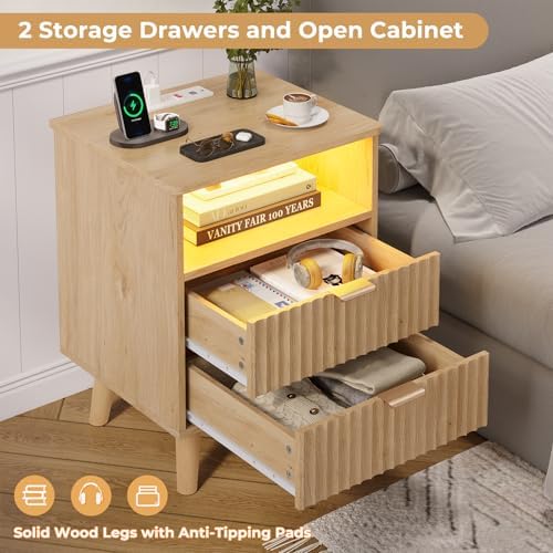 VIAGDO Fluted Nightstand with Charging Station and LED Lights, Modern Night Stand with 2 Drawers and Open Storage Cabinet, Bed Side Table with Gold Metal Handle for Bedroom, Natural Oak - Image 3