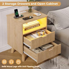 VIAGDO Fluted Nightstand with Charging Station and LED Lights, Modern Night Stand with 2 Drawers and Open Storage Cabinet, Bed Side Table with Gold Metal Handle for Bedroom, Natural Oak - Image 3