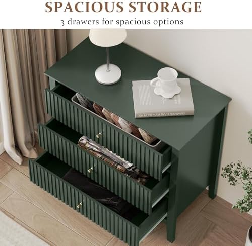 RoyalCraft Fluted 3 Drawer Dresser, 32 inch Wide Dresser Nightstand for Bedroom, Modern Wood Chest of Drawers, Large Painted Nightstand with 3 Drawers for Closet, Hallway, Entryway, Dark Green - Image 4