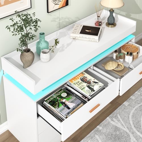 Hlivelood 6 Drawer Dresser with LED Light and Charging Station, Modern Chest of Drawers for Closet, Wide Drawer Organizer Cabinet for Bedroom, Living Room, Entryway, Hallway(6 Drawer White) - Image 4