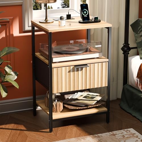 VINGLI Night Stand with Charging Station and Fabric Drawer, Fluted Nightstand with Drawer, Bed Side Table/End Table for Bedroom, Dorm, 14.96" W*11.81" D*23.7" H, 1 pc by VINGLI
