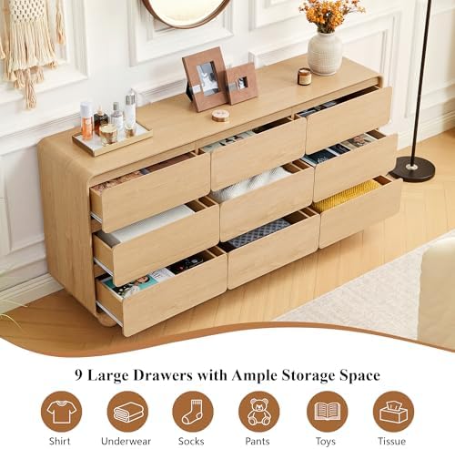 AVZEAR Modern 9 Drawer Dresser for Bedroom, 63" Wide Wooden Dresser Chest of Drawers, Handle Free & Curved Profile Design, Mid Century Closet Clothes Storage Organizer for Living Room, Natural - Image 4
