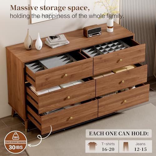 Chrangmay 6 Drawer Dresser,47" Wide Mid Century Chest of Drawers,Wooden Bedroom Drawer Dresser with 6 Storage Drawers for Bedroom,Living Room,with Anti-Tipping Device,Walnut.HT - Image 3