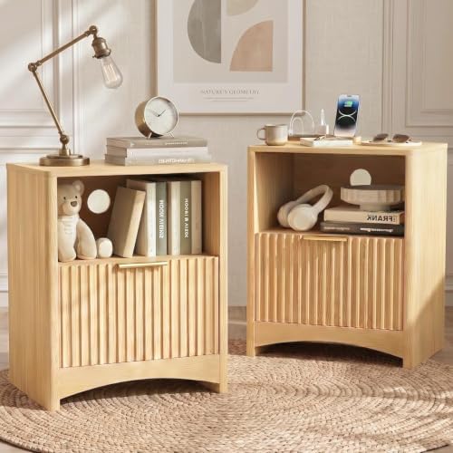 Marsail Wooden Nightstands Set of 2 with Drawers, Modern Night Stand with Charging Station and Storage, Fluted Bedside Table Boho End Table for Bedroom, Natural Oak by Marsail