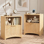 Marsail Wooden Nightstands Set of 2 with Drawers, Modern Night Stand with Charging Station and Storage, Fluted Bedside Table Boho End Table for Bedroom, Natural Oak by Marsail