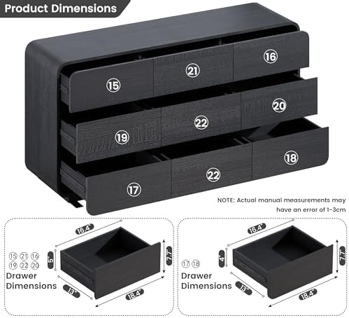 Standifurno Dresser for Bedroom, Modern Cuved Dresser with 9 Drawers,Black Dresser with Handleless Design, Closet Storage Dresser, 15.43" D x 57" W x 28.3" H (9 Drawers) - Image 3