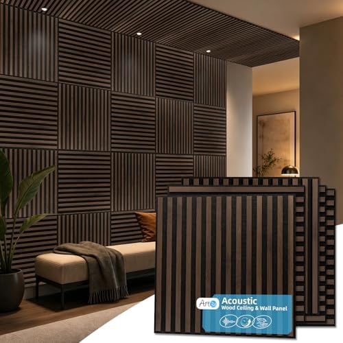 Art3d 6-Pack Acoustic Wood Slat Panel & Ceiling Tile, 2 x 2 ft, Walnut by Art3d