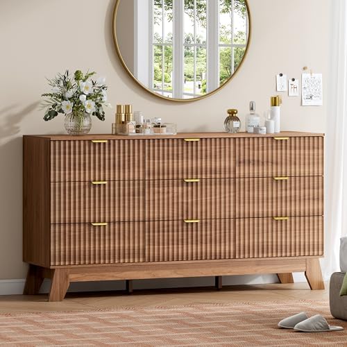 Wodeer 9 Drawer Fluted Dresser for Bedroom, Mid Century Modern Wooden Dresser with 9 Drawers, Dressers & Chests of Drawers with Metal Handle, TV Stand & Storage Organizer for Entryway, Hallway, Walnut by WODEER